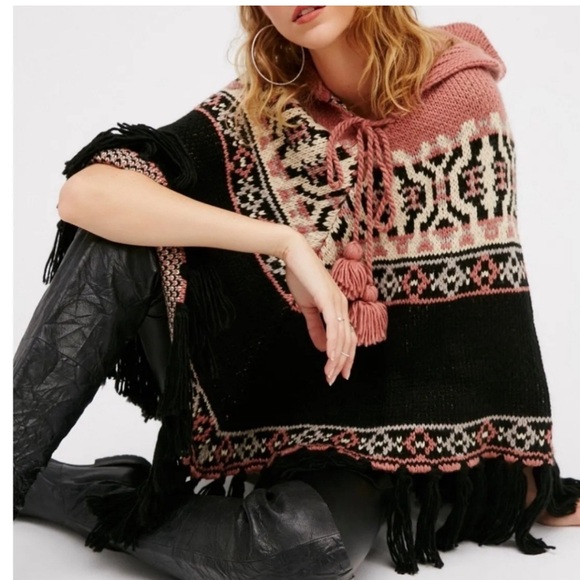 Free People High Life Fair Isle Poncho Boho Fringe Oversized Knit Shrug One Size - Picture 3 of 4